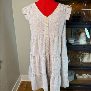 Monteau LA Tiered Babydoll White Blue Red Floral Button Front Dress Size M